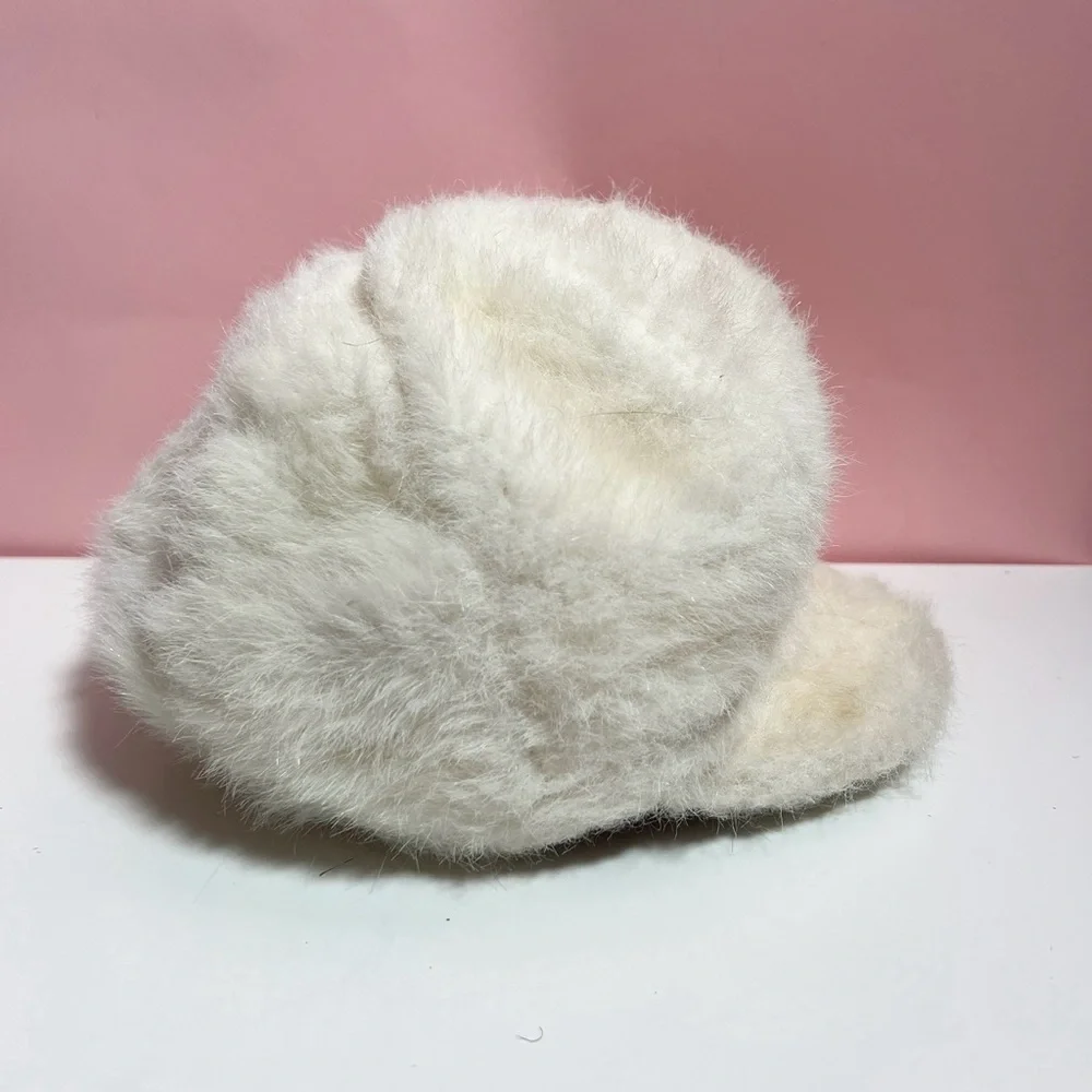 Vintage retro mid century 60s 70s oversized white ivory fur newsboy cap hat - Picture 3 of 6